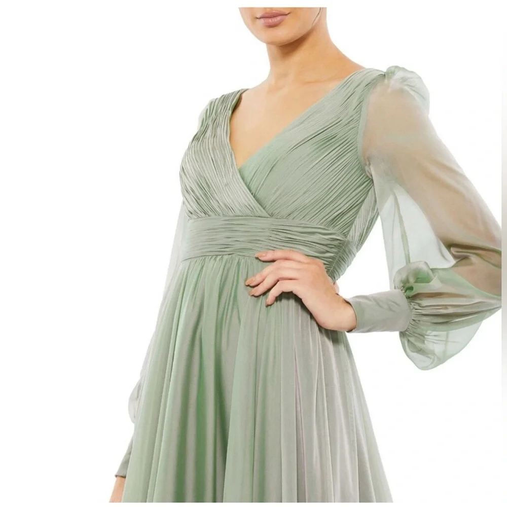 Mac Duggal FAUX WRAP ILLUSION BISHOP SLEEVE TIERED GOWN Sage NWT - Picture 4 of 16